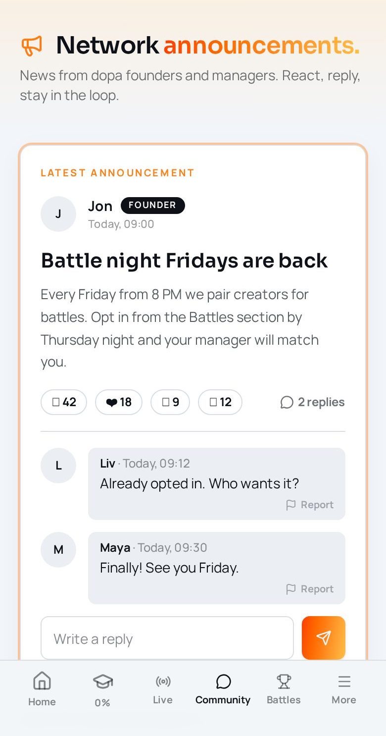 dopa app network announcement with reactions and replies