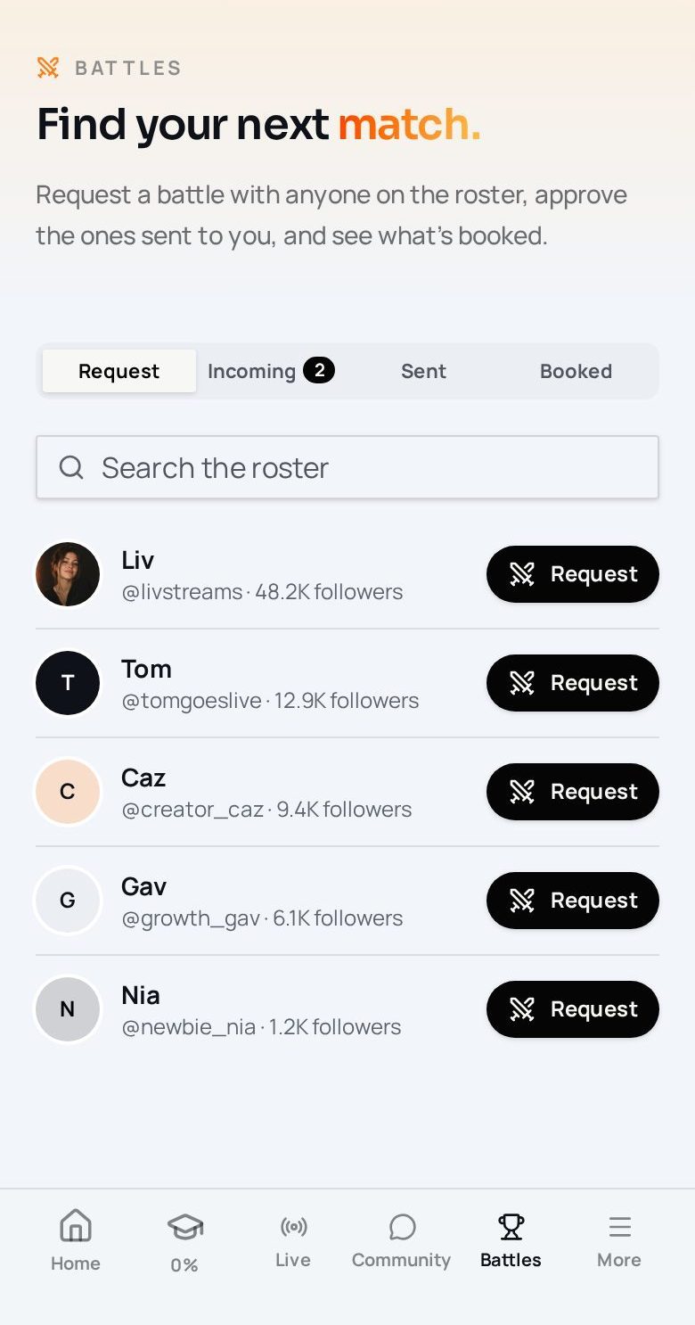 dopa app battles screen for requesting a match with any creator