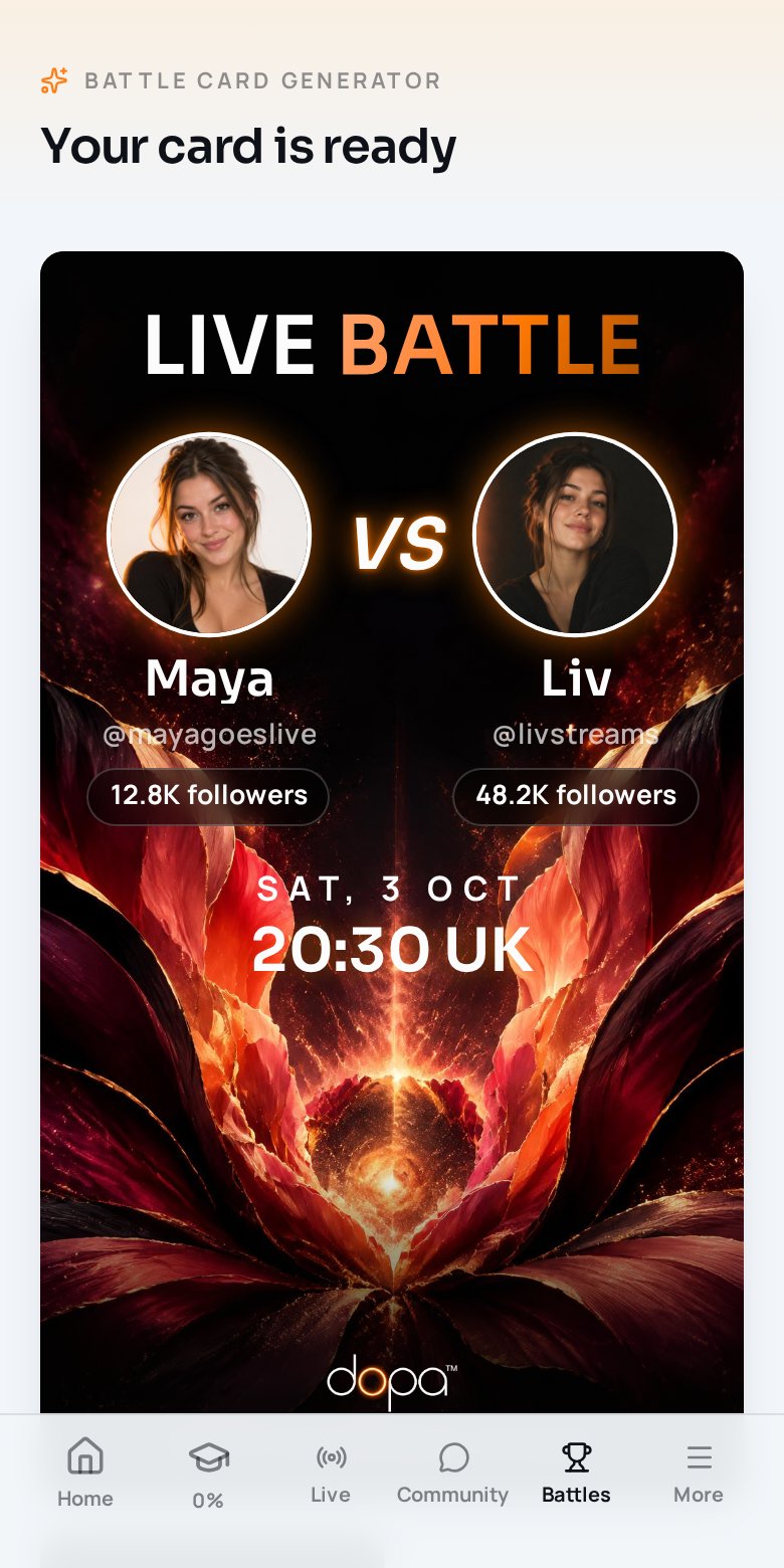 dopa app battle card generator with design choices