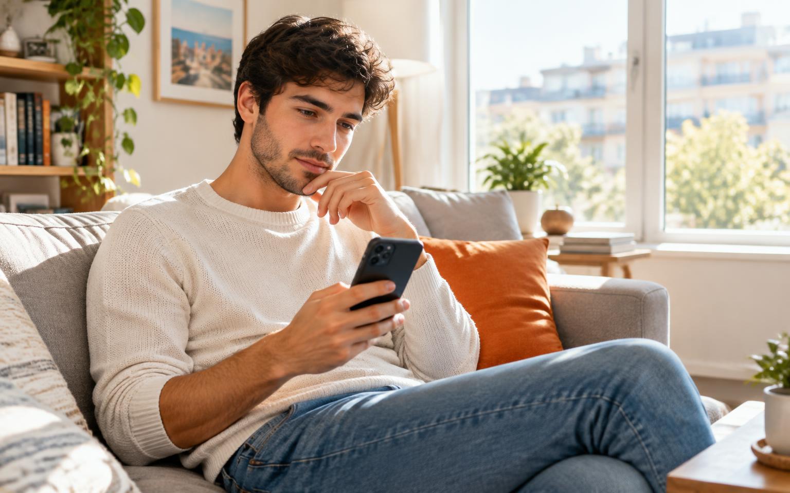 Creator checking his TikTok LIVE access status on his phone in a bright living room