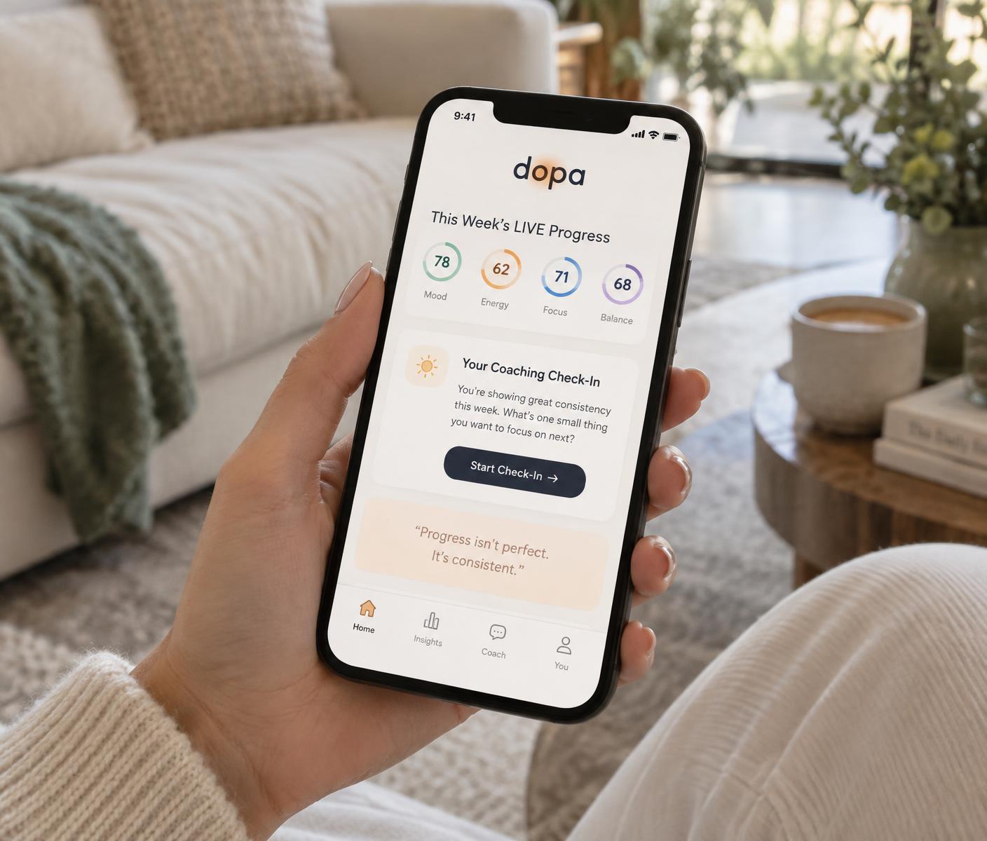 Creator holding a phone showing the dopa app home screen
