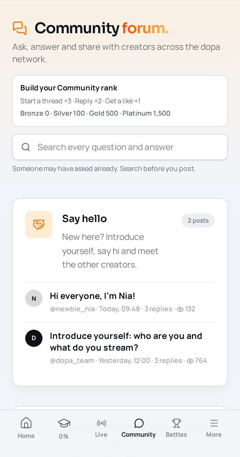 dopa app community forum with sections and search