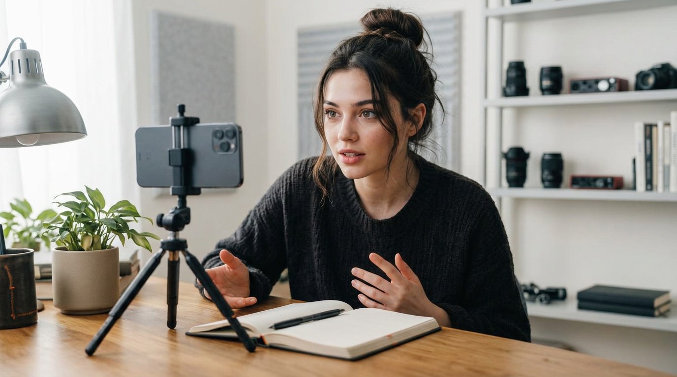 New creator recording short videos at a desk to build towards going live on TikTok