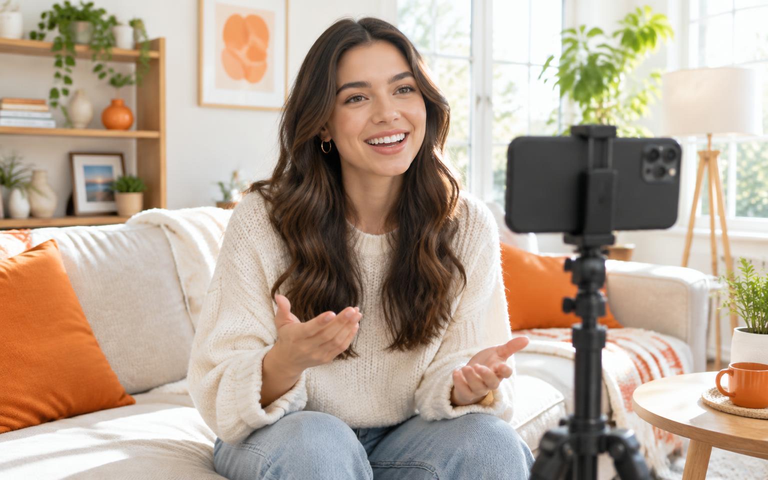Smiling creator going LIVE on TikTok from her phone on a tripod in a sunny living room