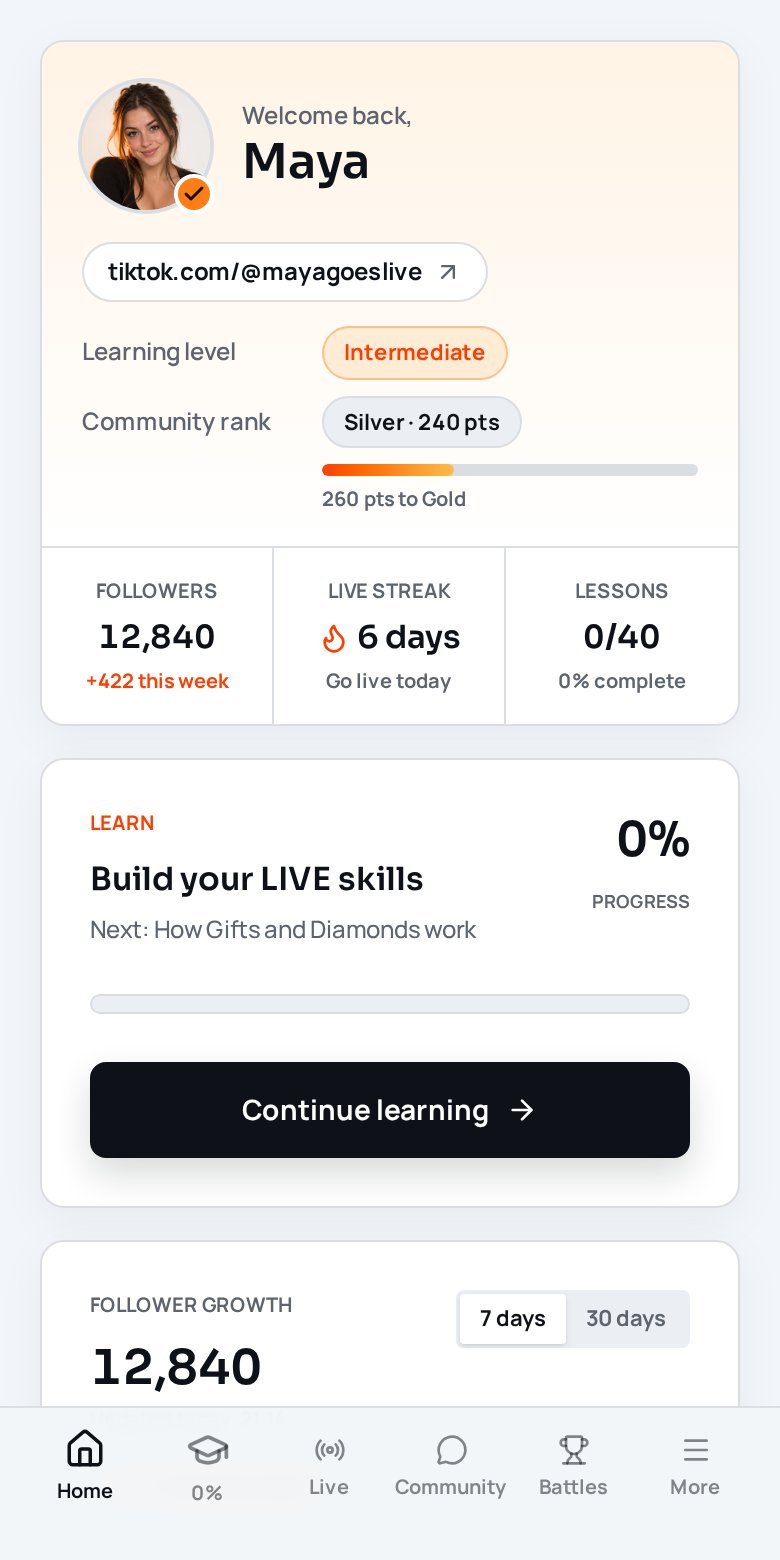 dopa app creator home with profile, streak, followers and learning progress