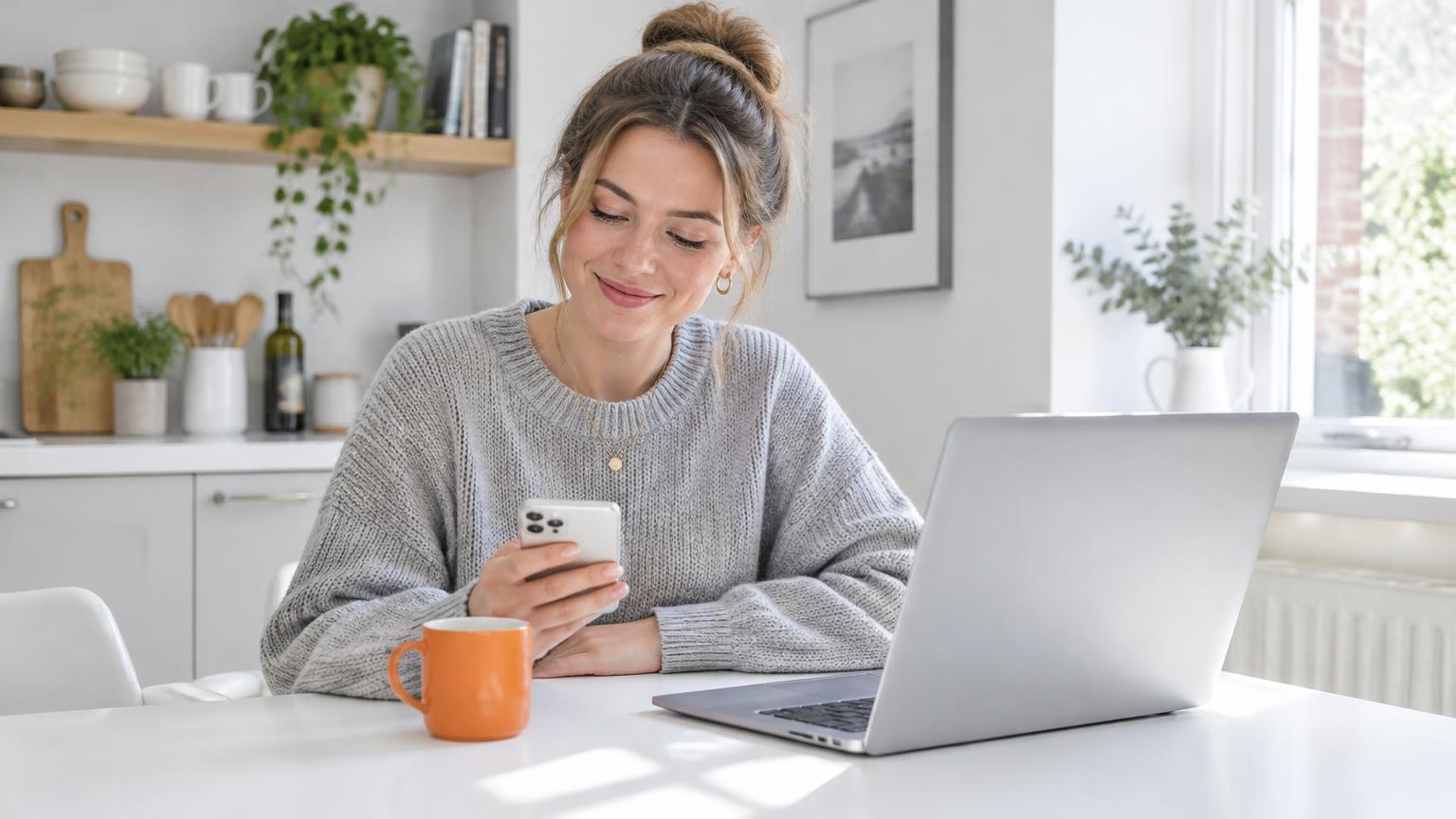 Creator smiling at her phone beside a laptop at a bright kitchen table while checking her TikTok LIVE earnings