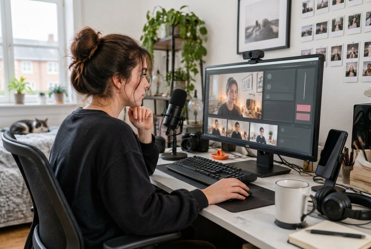 Creator preparing a TikTok LIVE Studio setup on a PC with a webcam and microphone