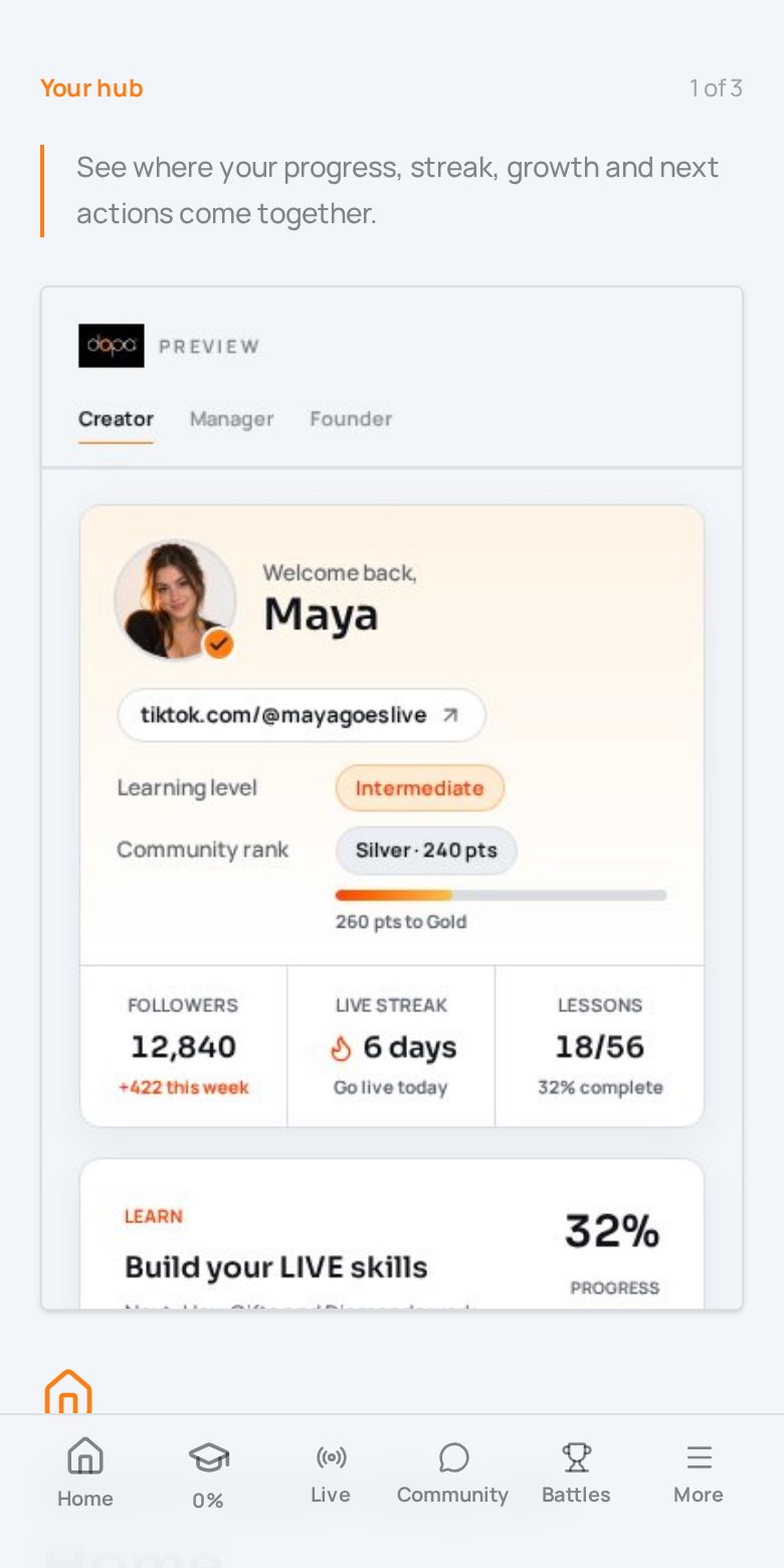 dopa app lesson screen with a step-by-step walkthrough