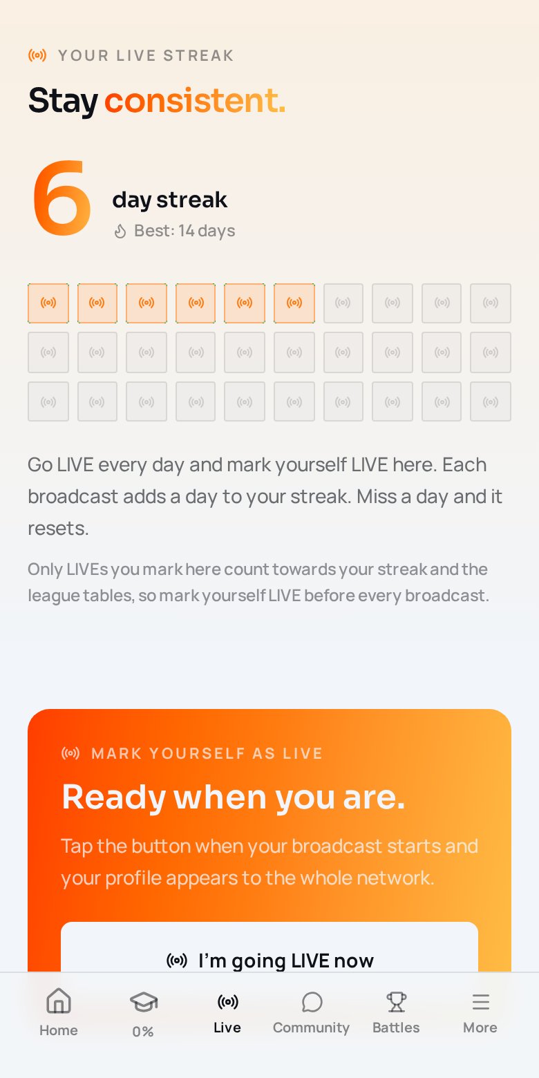 dopa app LIVE streak screen with 30-day activity