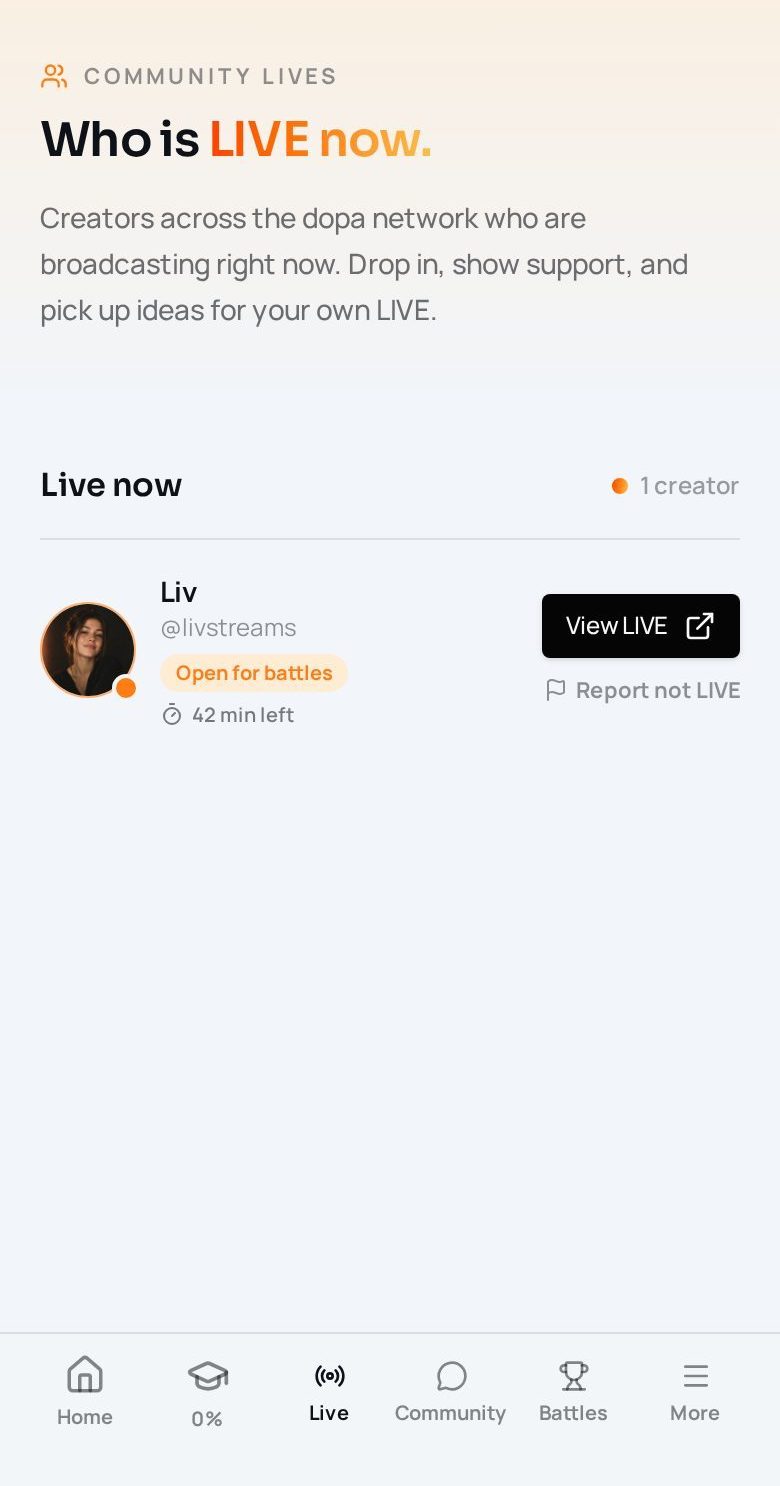 dopa app Community LIVEs screen listing creators who are LIVE now
