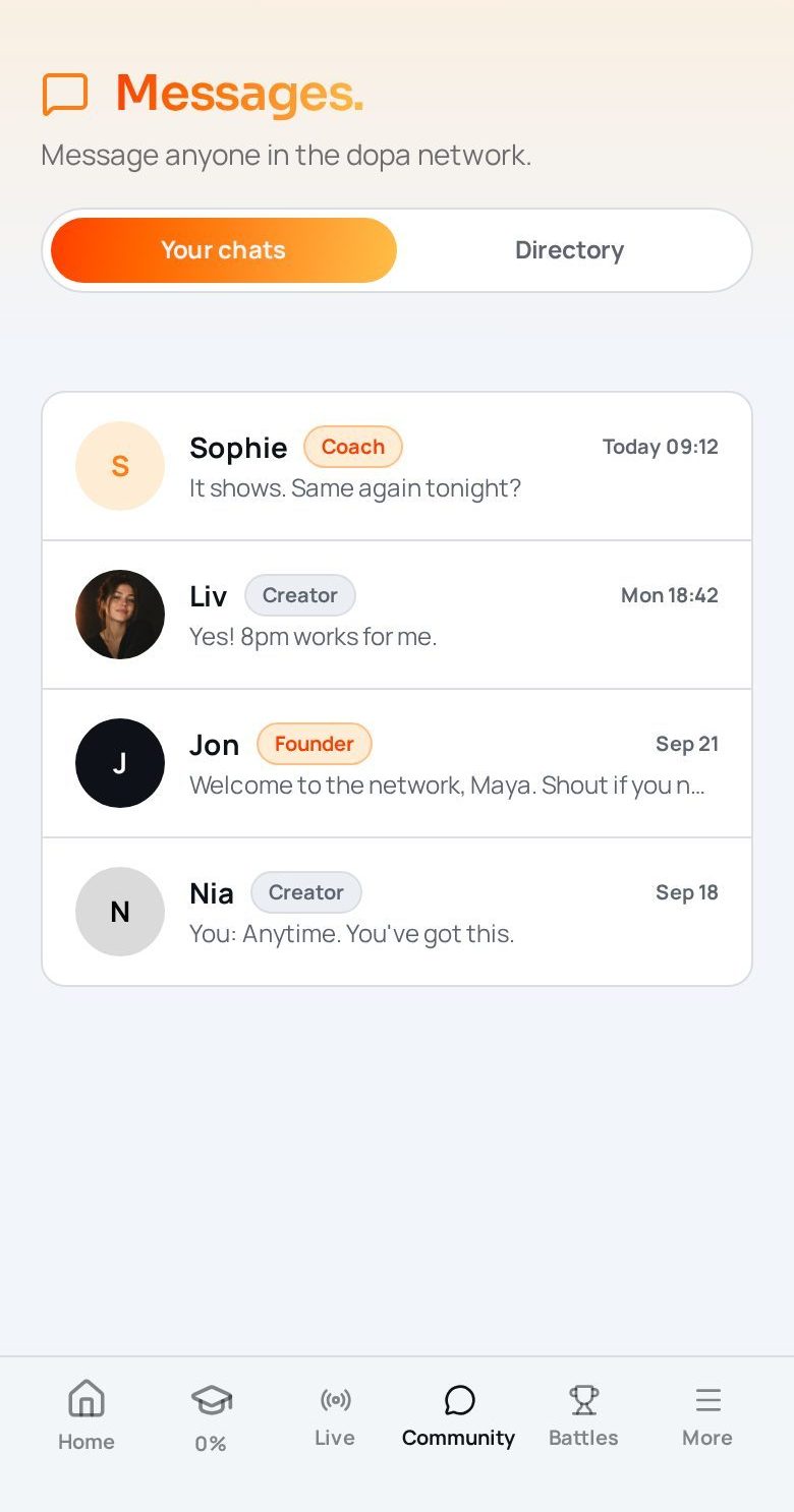 dopa app messages list with coach and creators