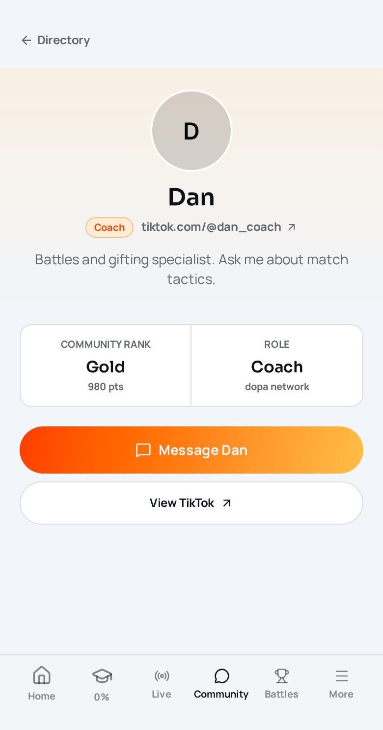 dopa app profile page with community rank and message button