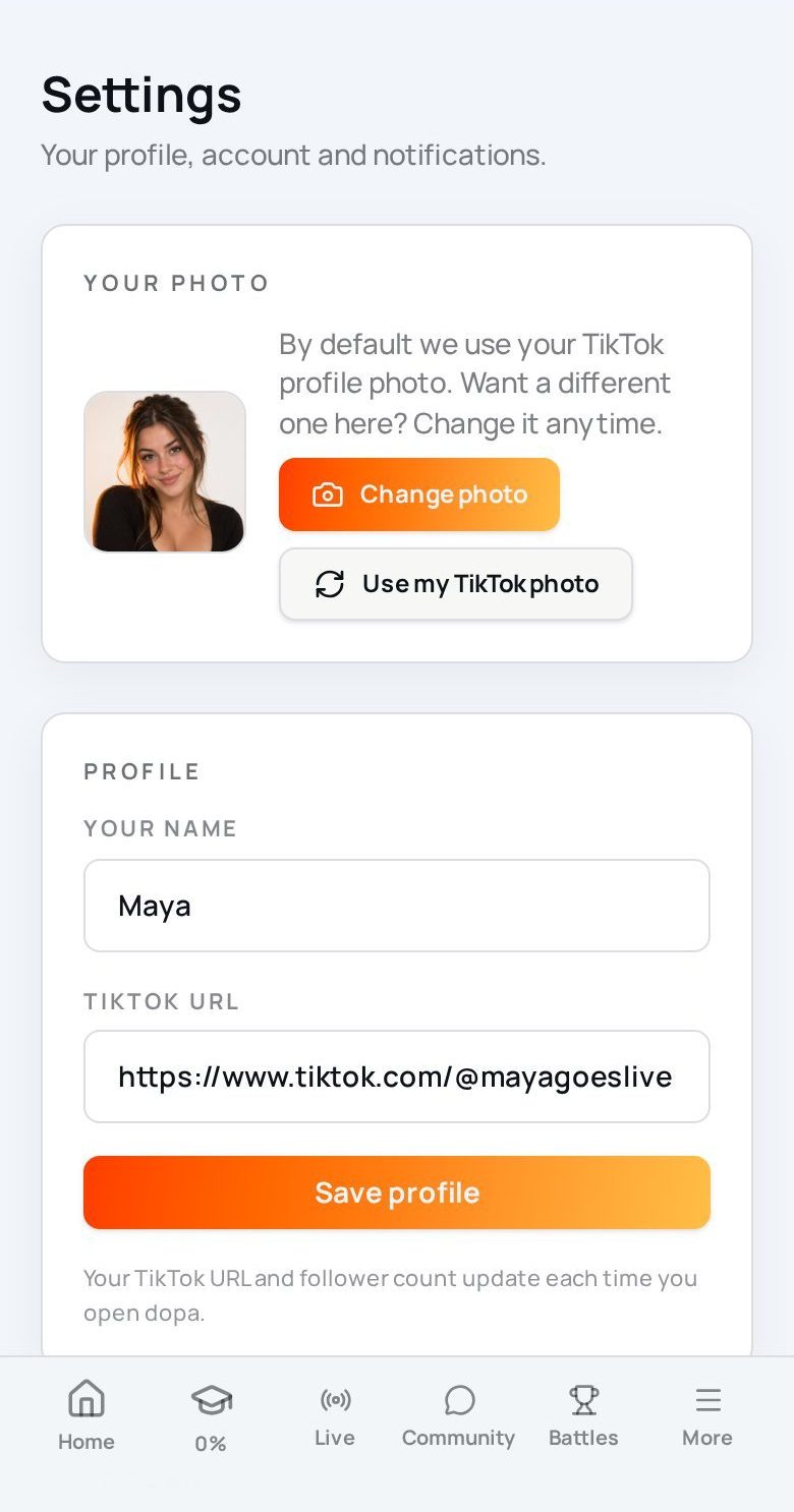 dopa app settings screen with profile photo and details