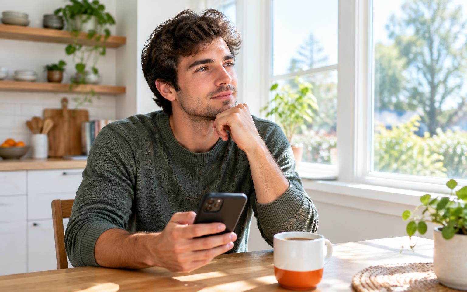 Man holding his phone at a sunny kitchen table while deciding on a TikTok LIVE coin package