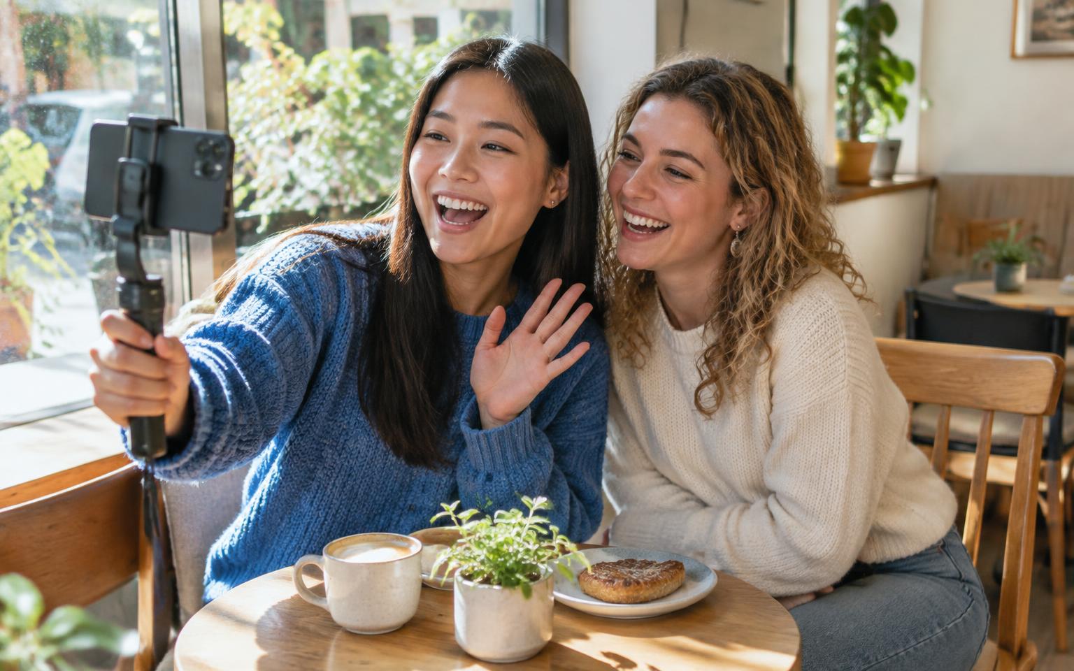 Two friends laughing while hosting a casual TikTok LIVE from a sunny café table