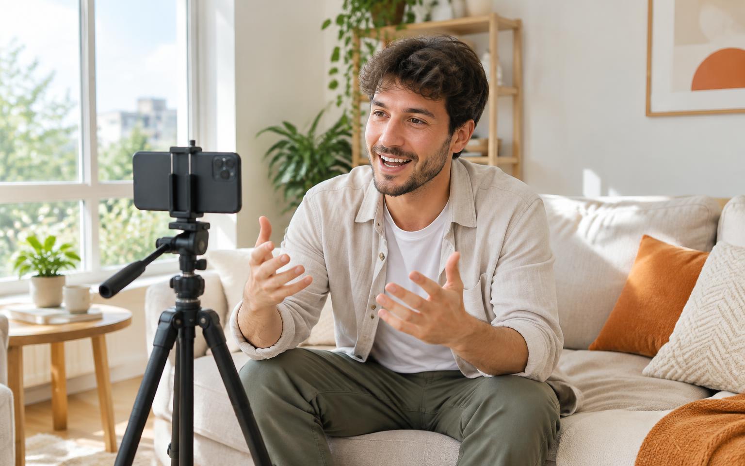 Male creator talking to his phone on a tripod in a sunny living room during a TikTok LIVE