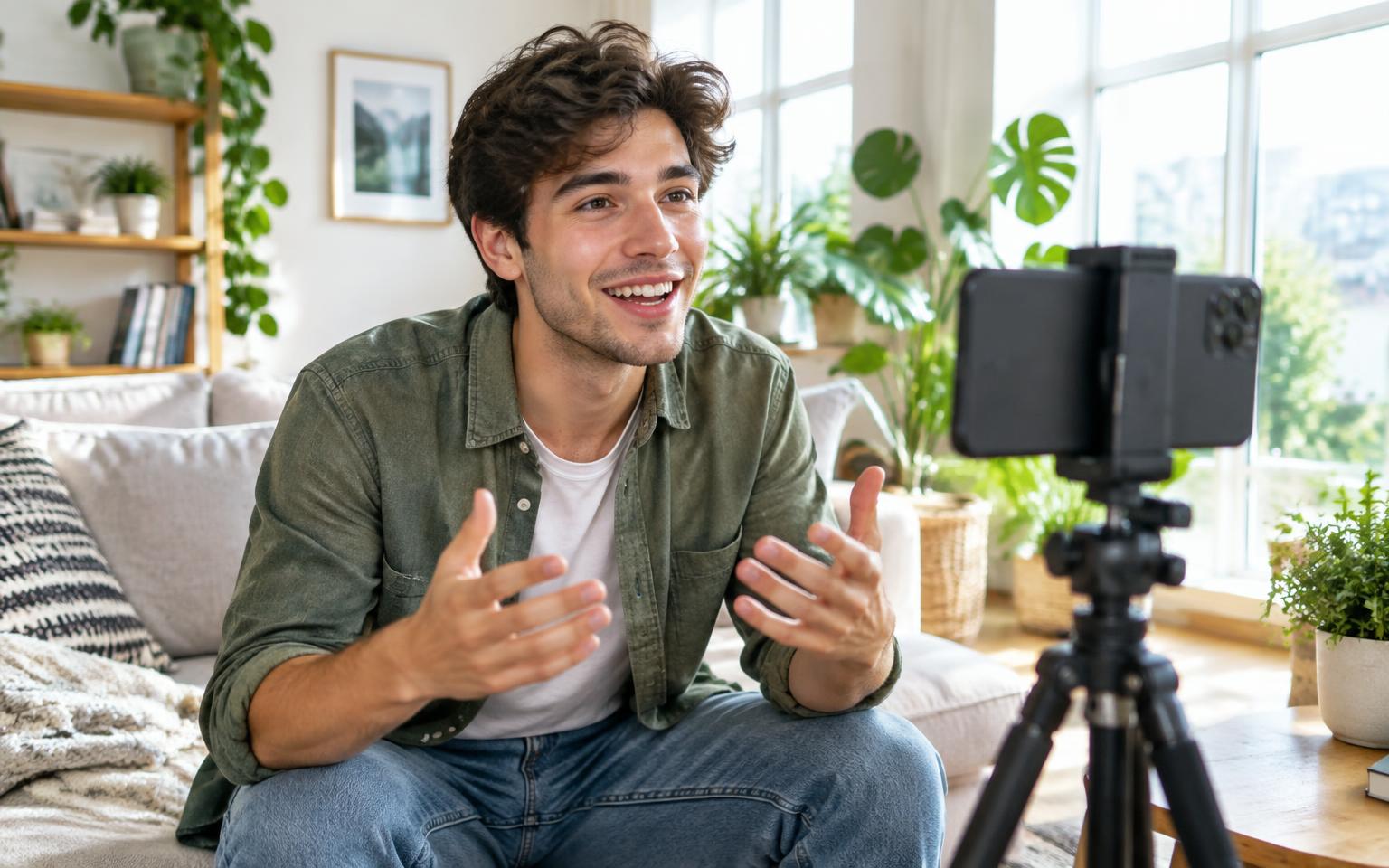 Smiling creator talking to his phone on a tripod during a TikTok LIVE in a bright living room