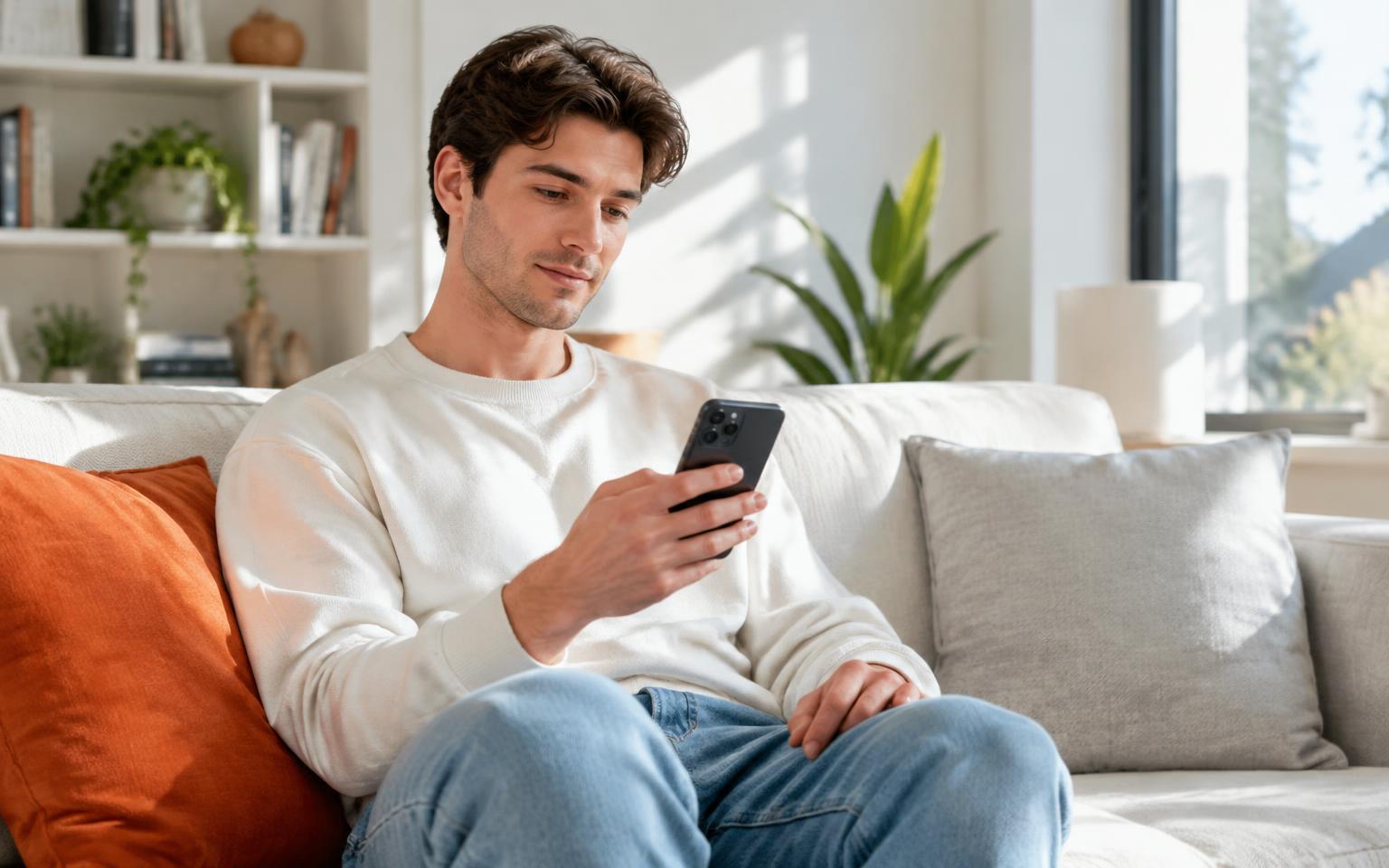 Creator relaxing on a light sofa while reviewing his TikTok LIVE Diamond balance on his phone