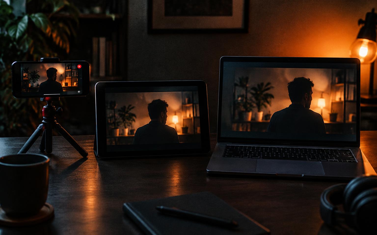 Phone on a tripod, tablet and laptop side by side for TikTok LIVE streaming on different devices