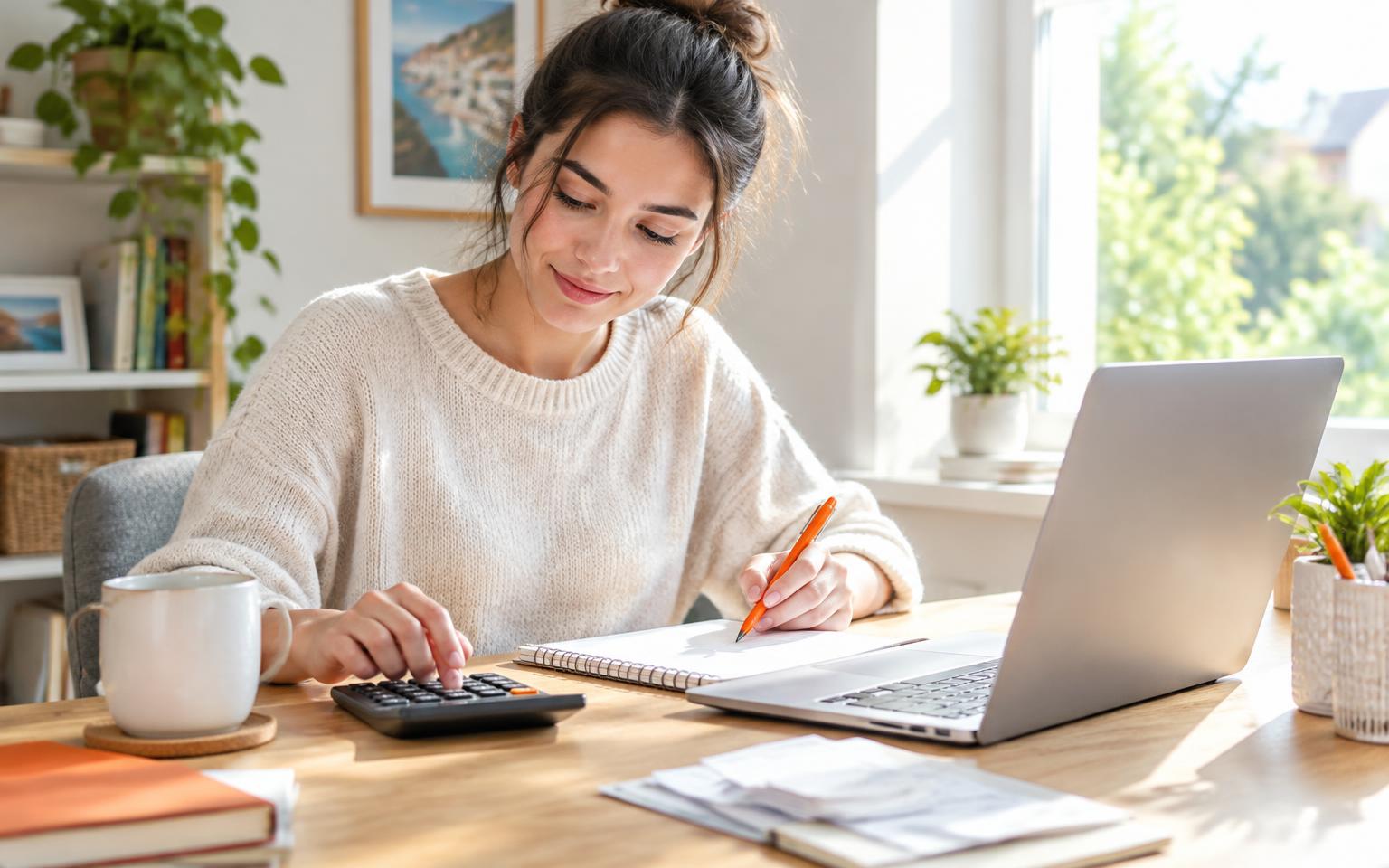 Creator keeping records of her TikTok LIVE earnings with a calculator and notebook at a sunny desk