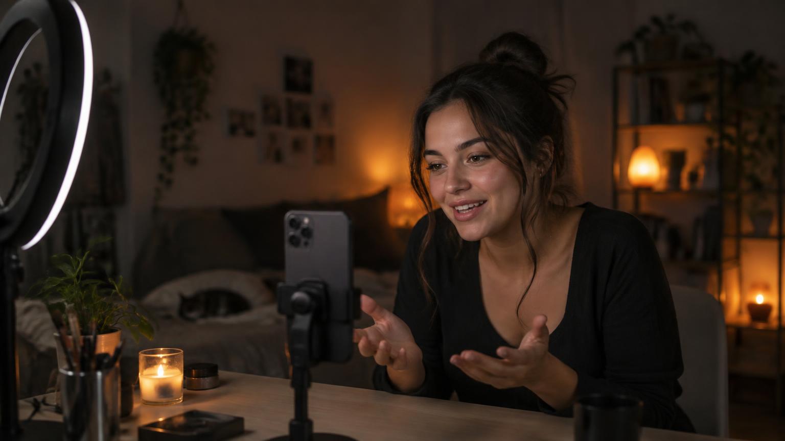 Creator hosting a TikTok LIVE from her bedroom desk with a ring light and phone stand