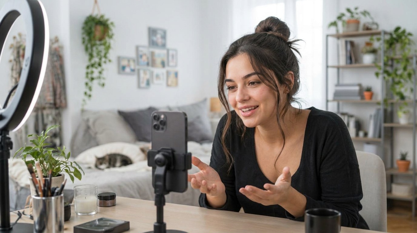 Creator hosting a TikTok LIVE from her bedroom desk with a ring light and phone stand