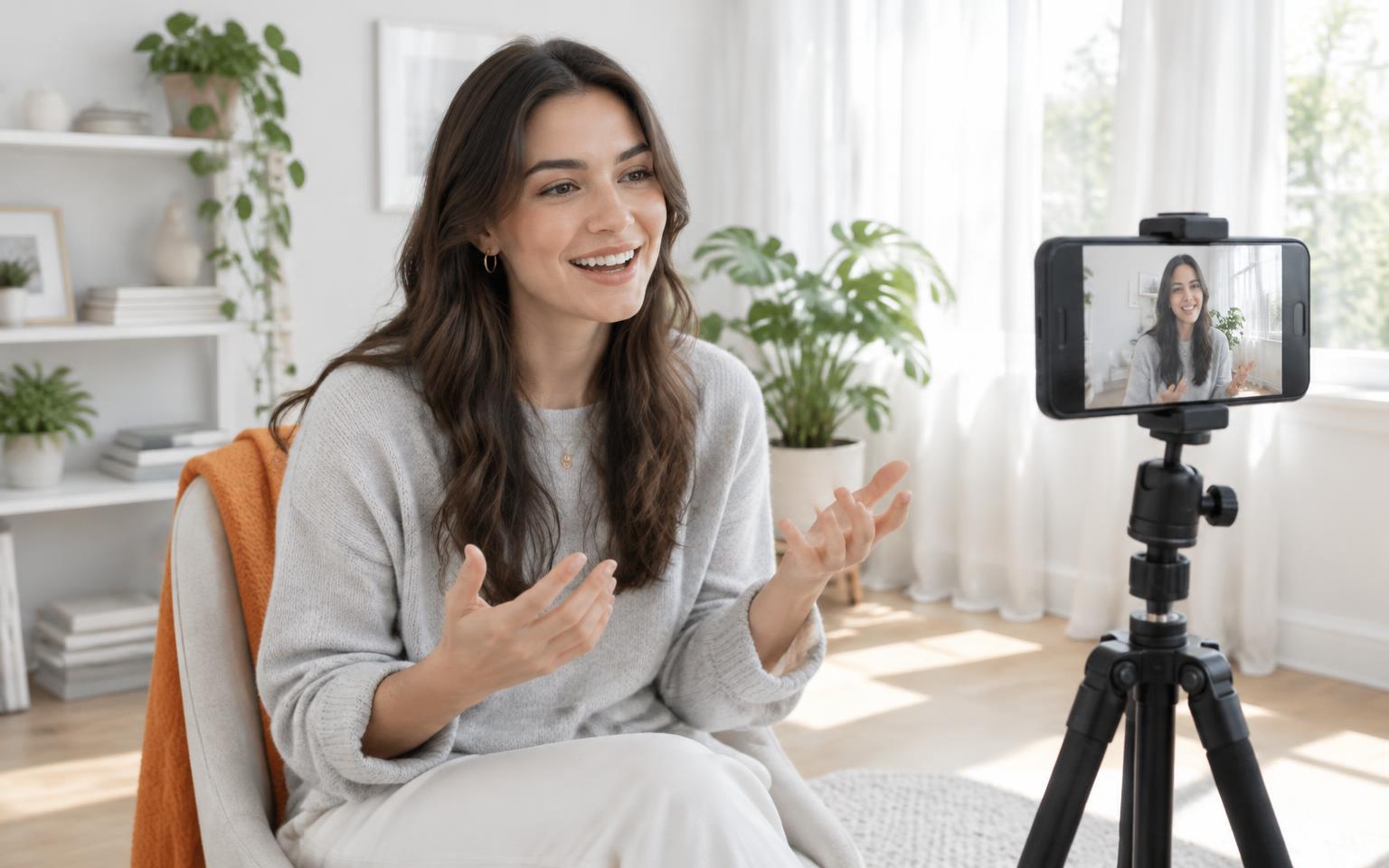 Creator smiling and gesturing to her phone camera on a tripod during a bright daytime live session