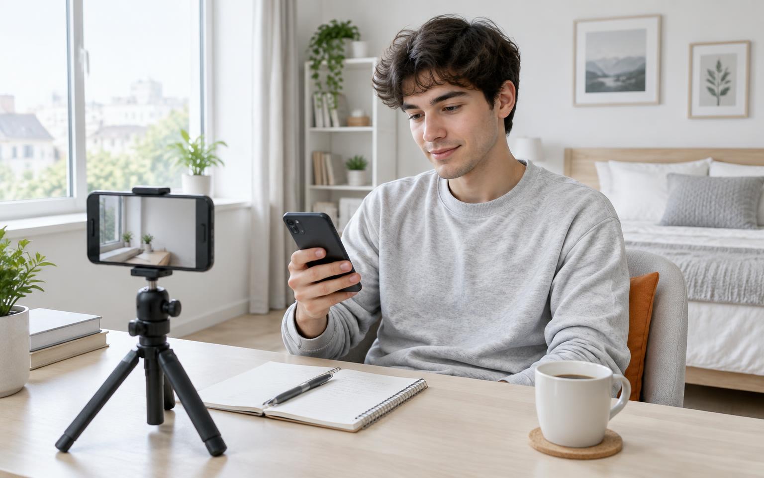 Creator checking his phone at a bright desk next to a phone on a tripod between live sections