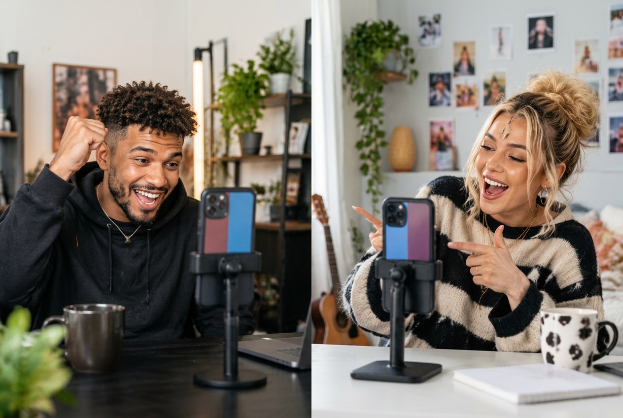 Two TikTok LIVE creators using multi-guest and battle features from their home setups