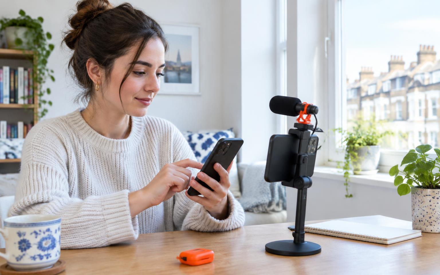 Creator checking phone settings beside a microphone and phone stand in daylight