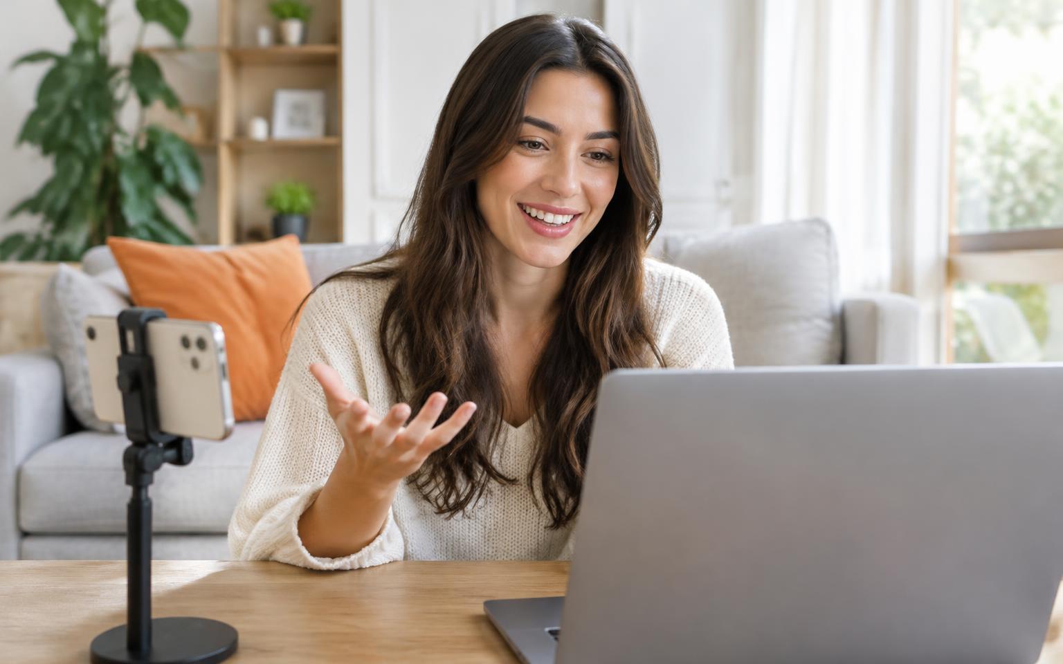 Smiling creator chatting to her viewers through a laptop in a bright living room during a TikTok LIVE Studio stream