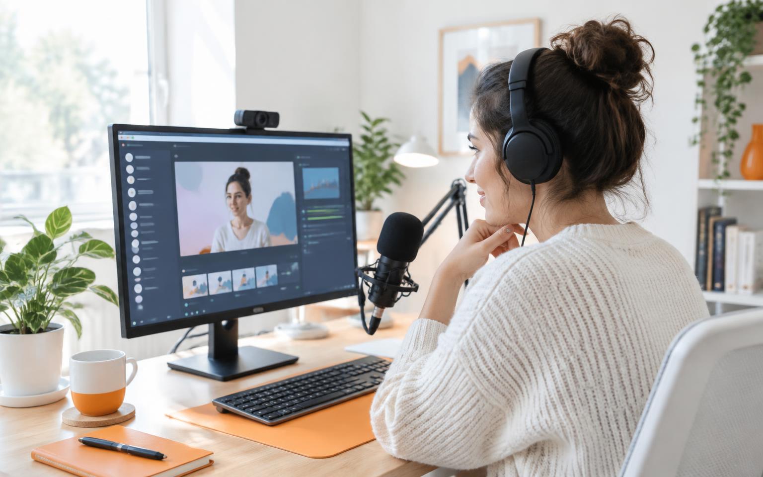 Creator checking microphone and desktop streaming preview on a computer