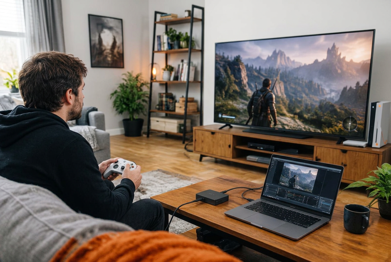 Gamer streaming Xbox gameplay to TikTok LIVE through a capture card and laptop