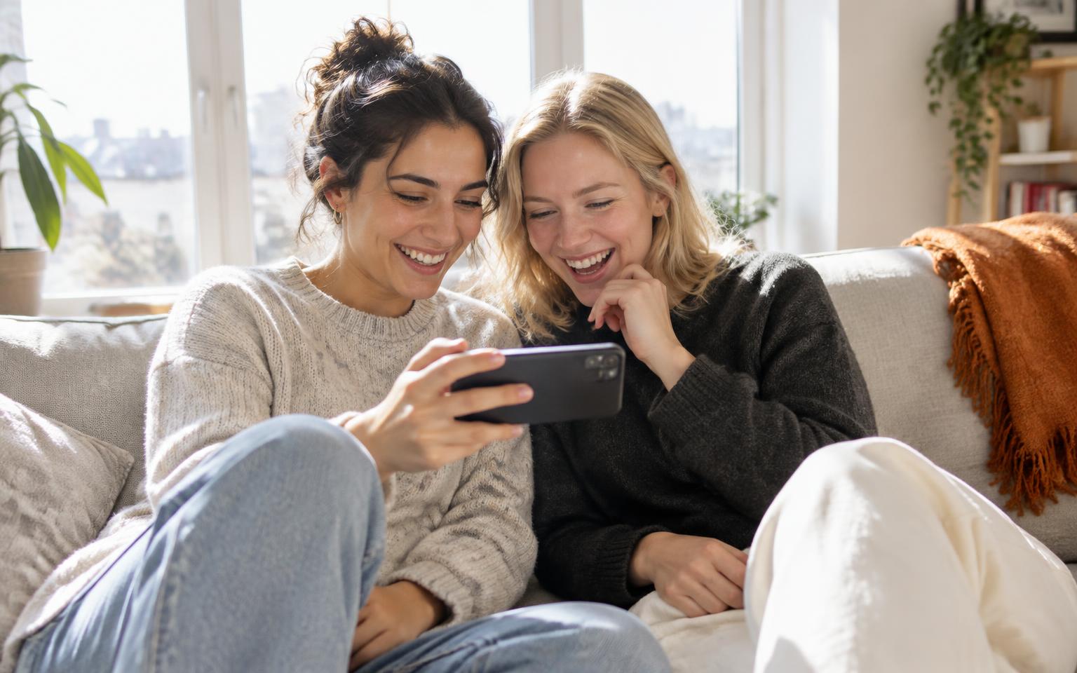 Two friends laughing at a TikTok LIVE on one phone while deciding which Gift to send